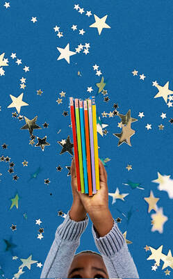 Boy holding books in air with sparkling stars in background